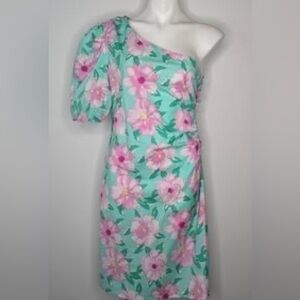 Gianni Bini Mint Green One-Shoulder Floral Dress with Pink Blooms